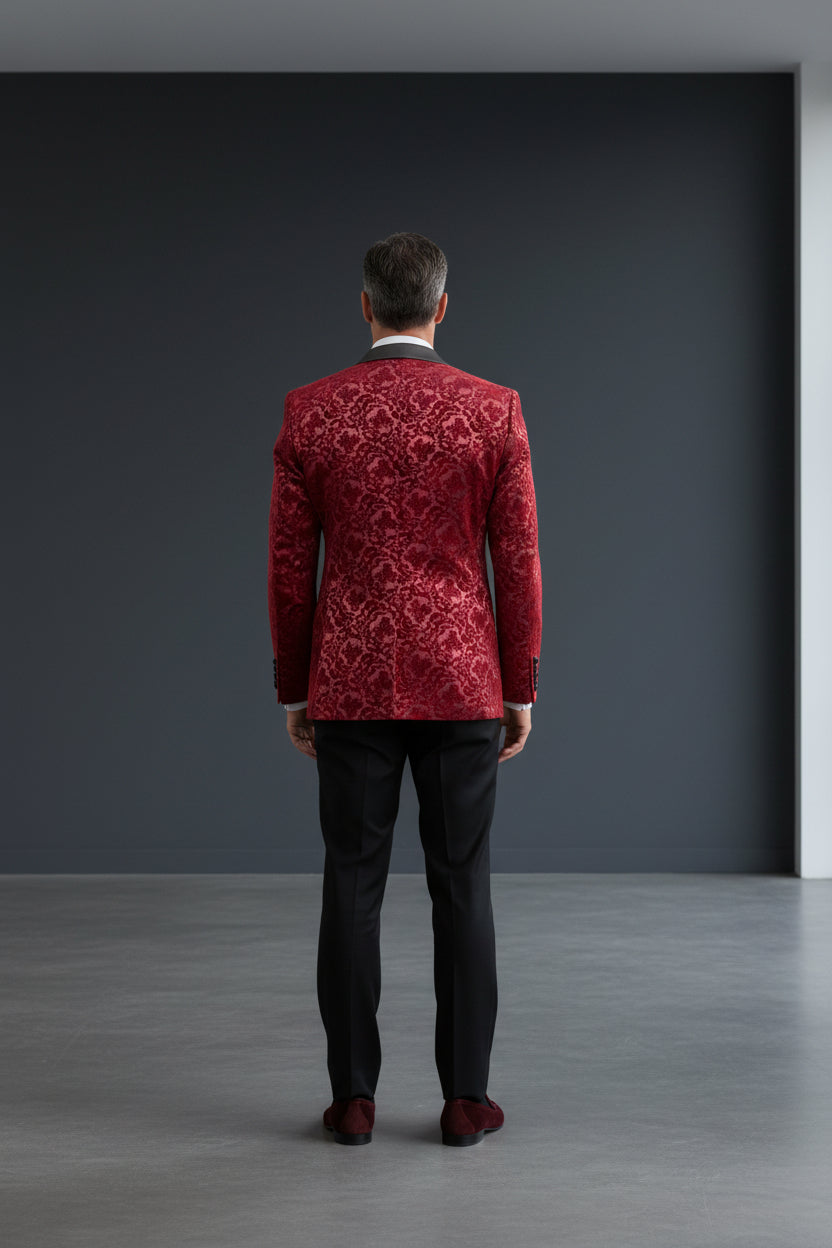 Vercini Men's Burgundy Velvet Floral Tuxedo Jacket