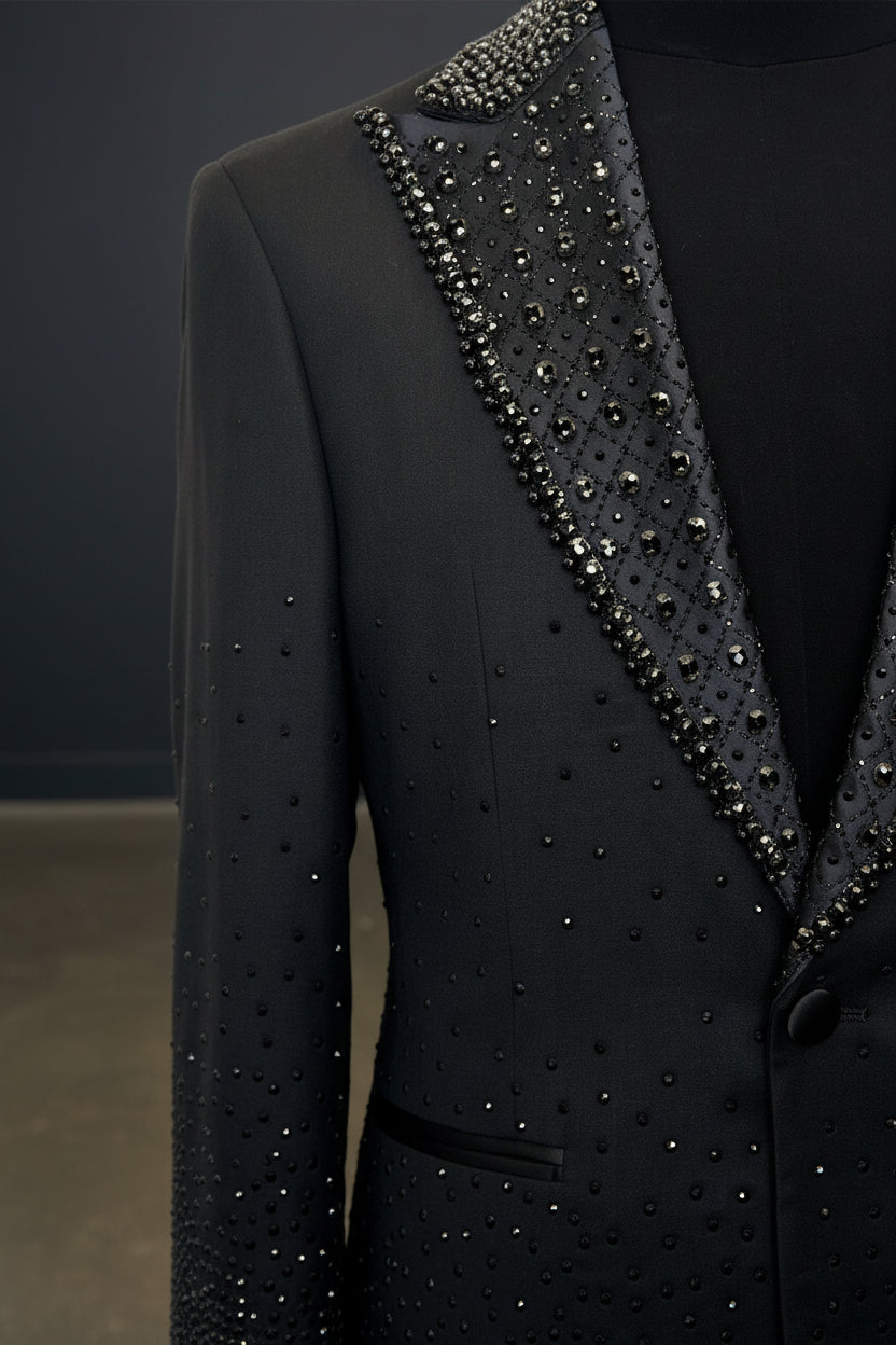 Men’s Slim-Fit Crystal-Embellished Blazer with Studded Quilted Lapels