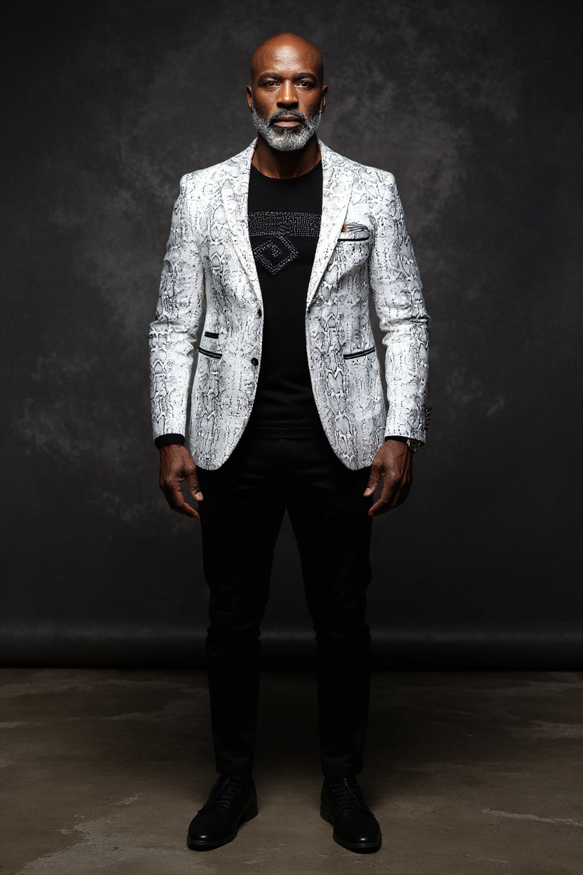 Men's Serpent Print Tailored Jacket in White & Black