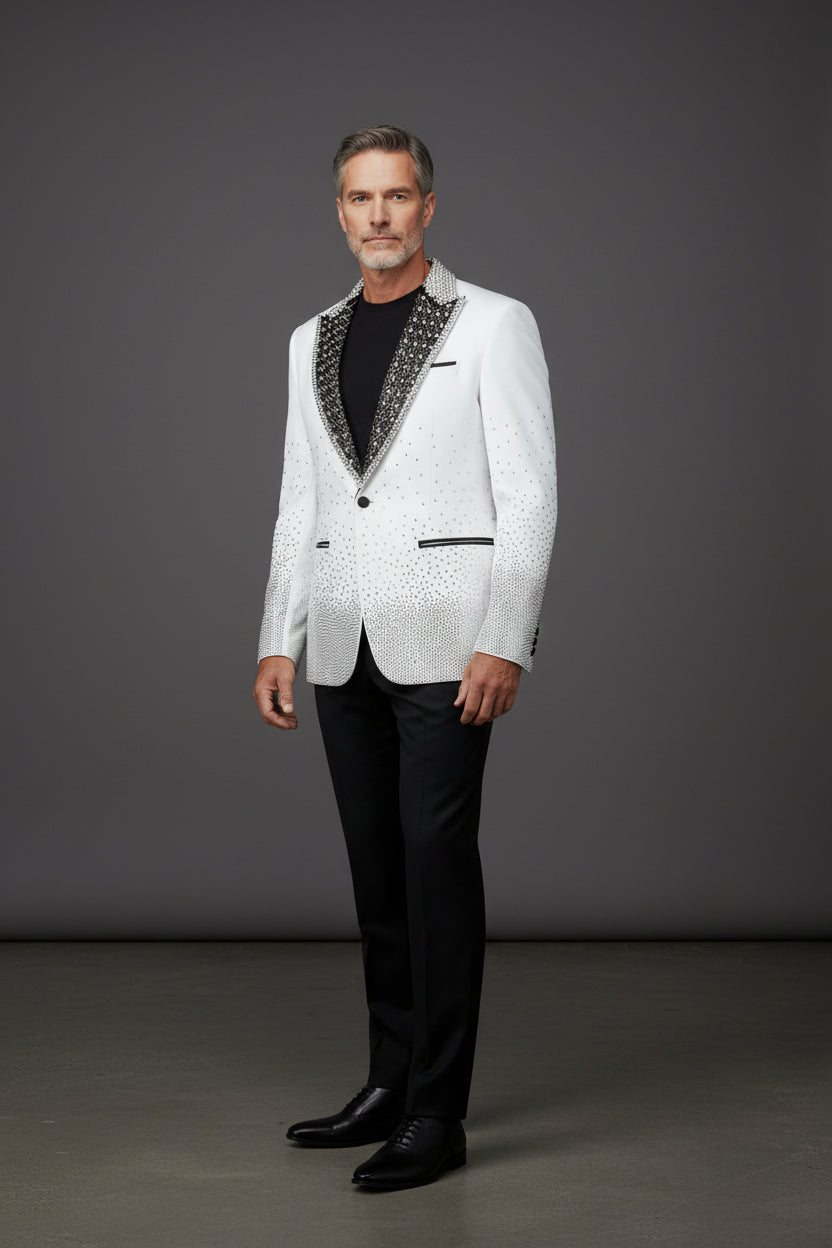 Men’s Slim-Fit Crystal-Embellished Blazer with Studded Quilted Lapels