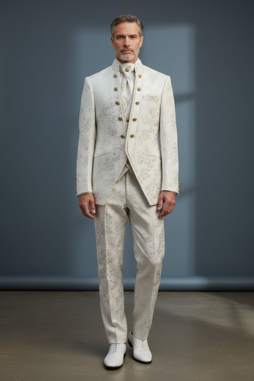 Ivory Floral Jacquard Tuxedo with Gold Accents