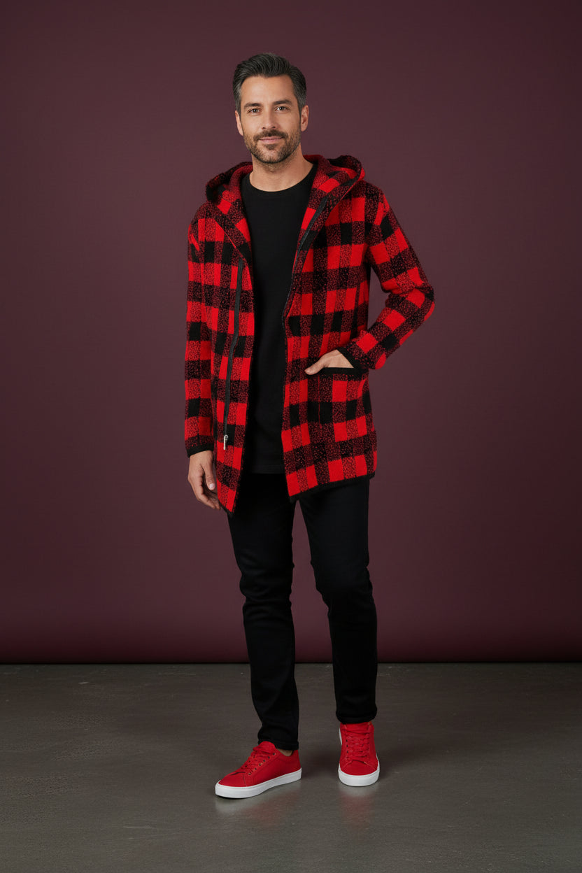 Red & Black Checkered With Hood Full Zip