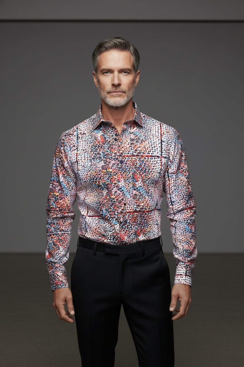 Vercini Men’s Vibrant Abstract Print Long Sleeve Dress Shirt – Designer Style