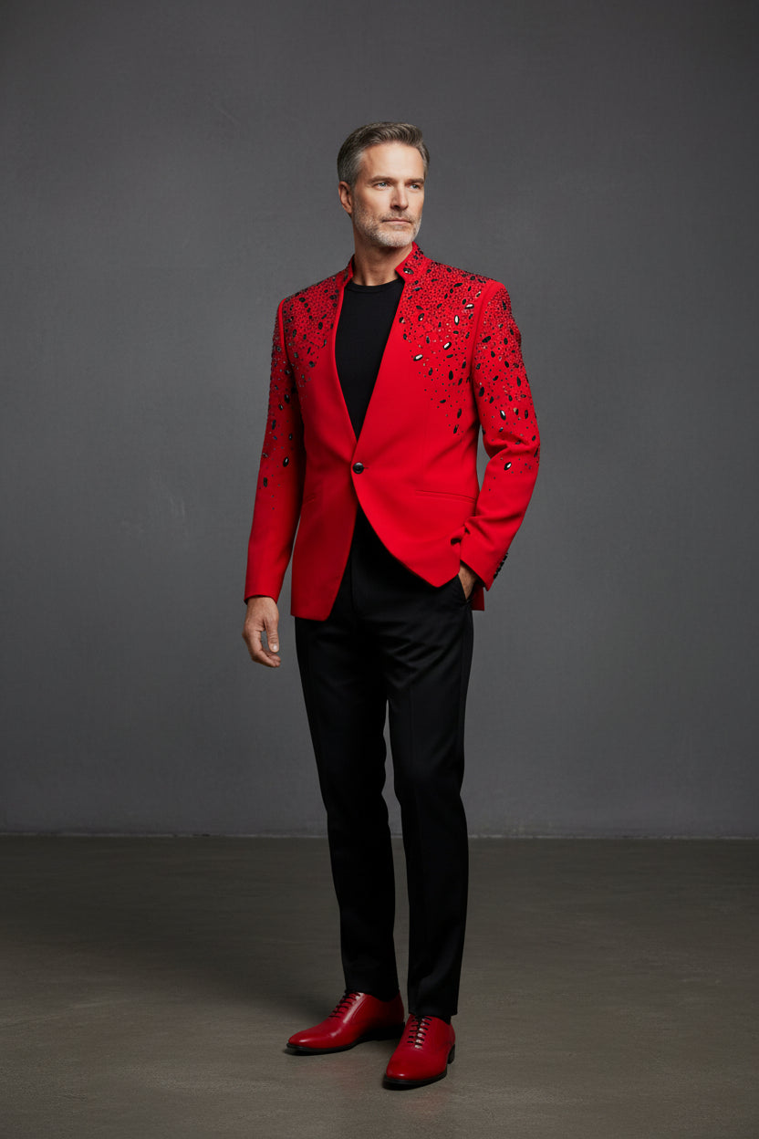 Tears in Heaven Black and Gold Rhinestone Slim Fit Dinner Blazer