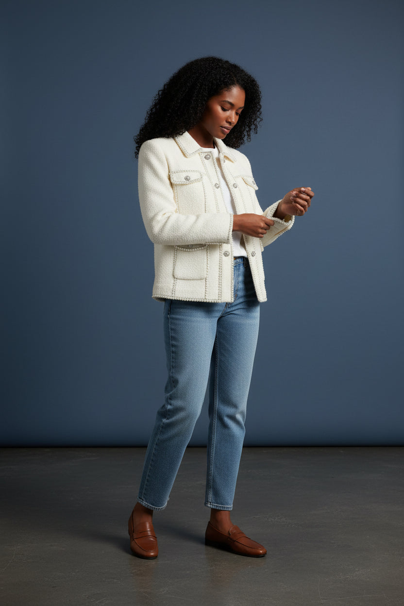 Ivory Pearl-Embellished Tweed Jacket