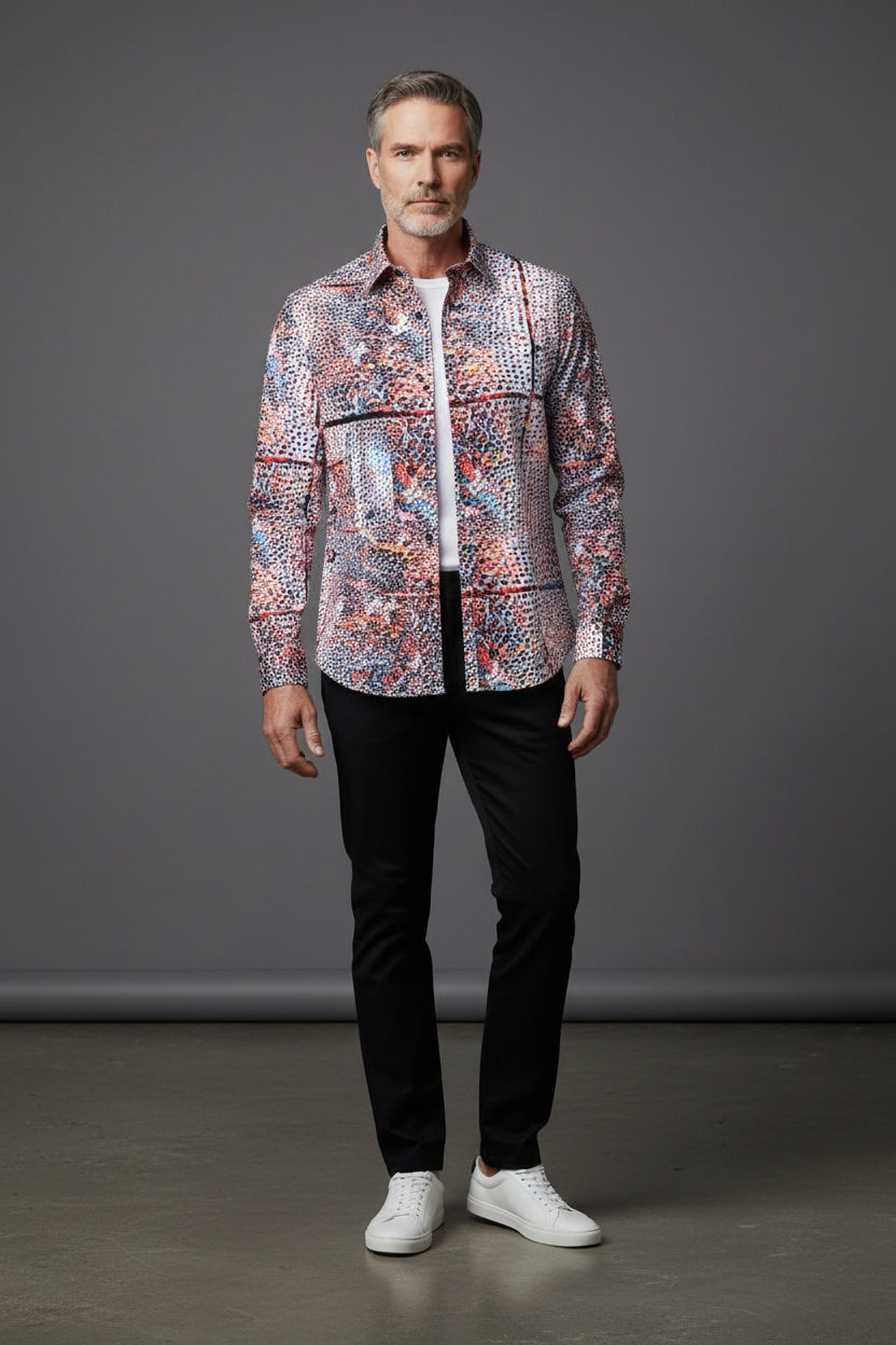 Vercini Men’s Vibrant Abstract Print Long Sleeve Dress Shirt – Designer Style