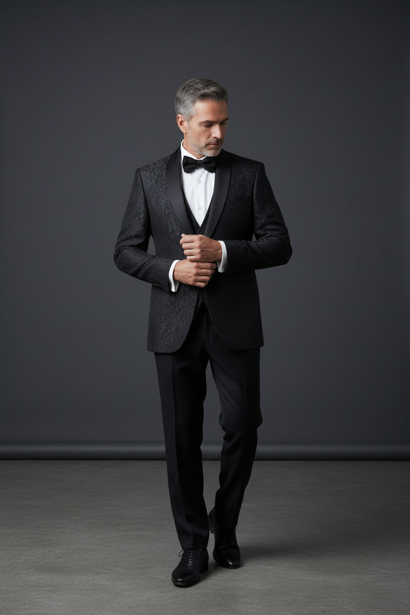 Elegant Texture Black Crochet Tuxedo - Slim Fit No-Collar Design