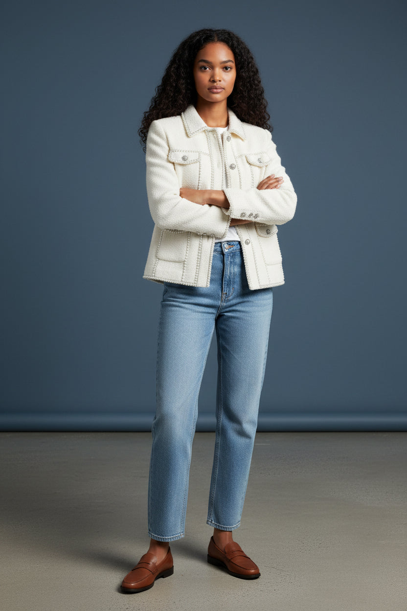 Ivory Pearl-Embellished Tweed Jacket