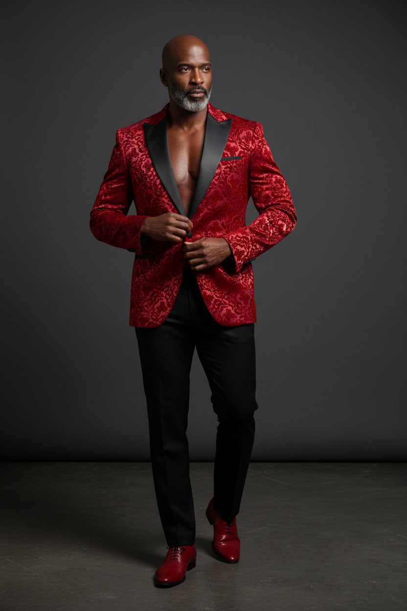 Vercini Men's Burgundy Velvet Floral Tuxedo Jacket