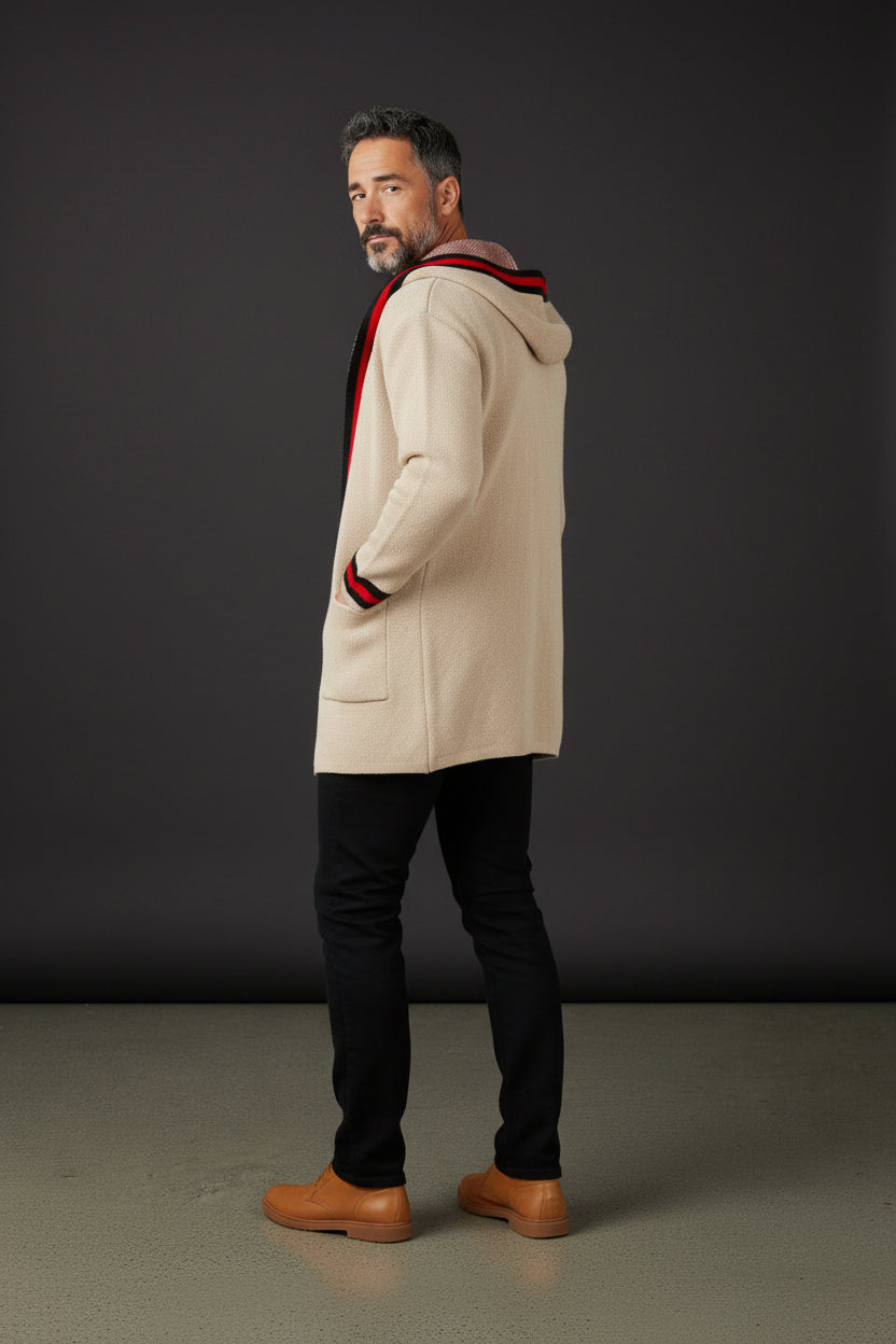 Cream Cardigan With Black and red Stripe