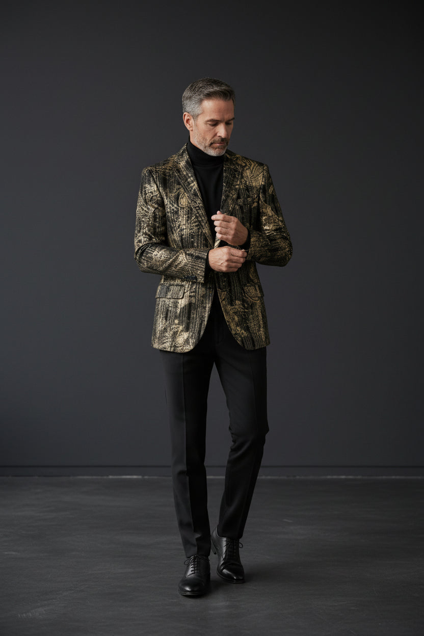 Baroque Velvet Blazer - Vintage Gold & Black Ornate Luxury Jacket