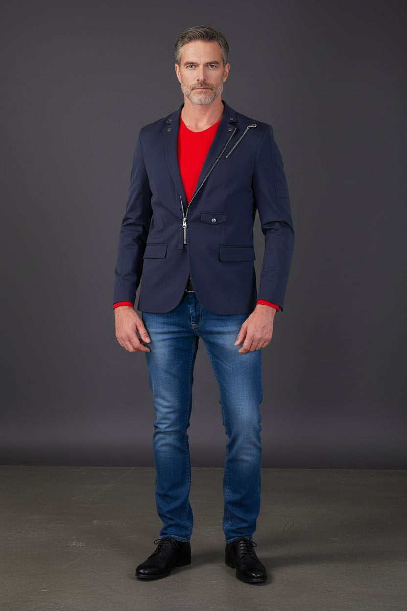Tech Blazer with Zipper Front - Slim Fit Cotton Jacket