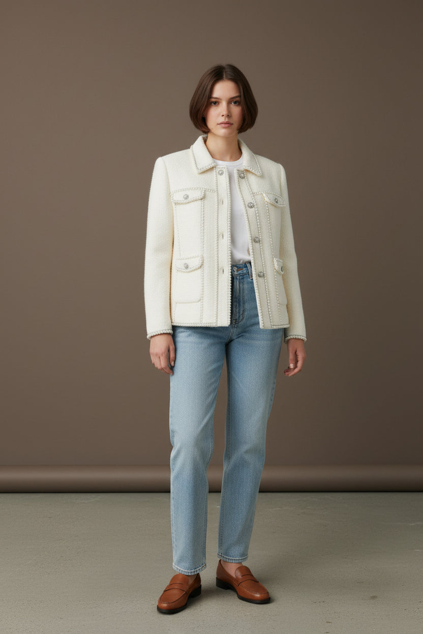 Ivory Pearl-Embellished Tweed Jacket