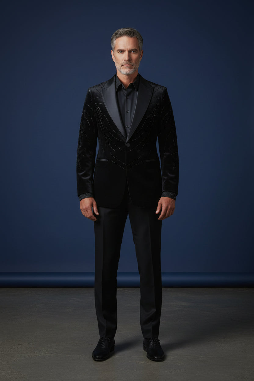 Men’s Black Velvet Statement Jacket with Crystal Detailing