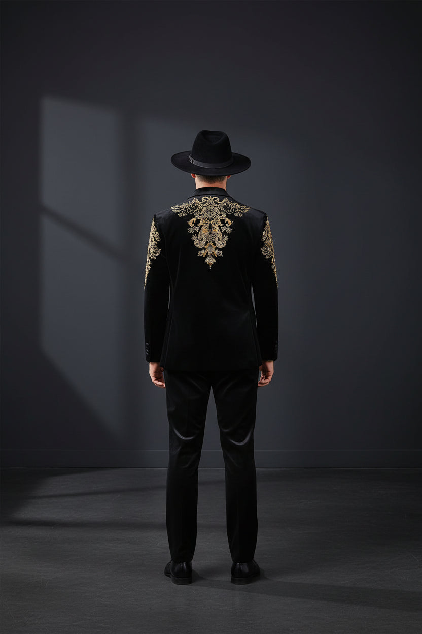 Black Velvet Blazer with Gold Accents - Luxury Evening Jacket