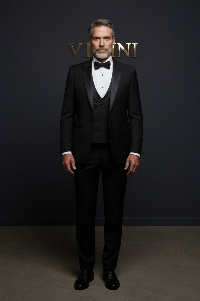 Vercini Regal Peak Lapel Tuxedo – 3-Piece Black Formal Set