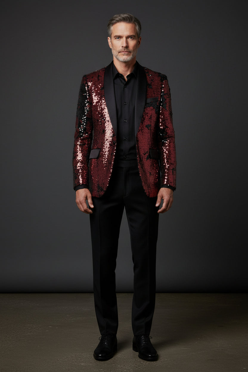 Sequin Tuxedo Jacket with Satin Lapels - Red Carpet Party Blazer