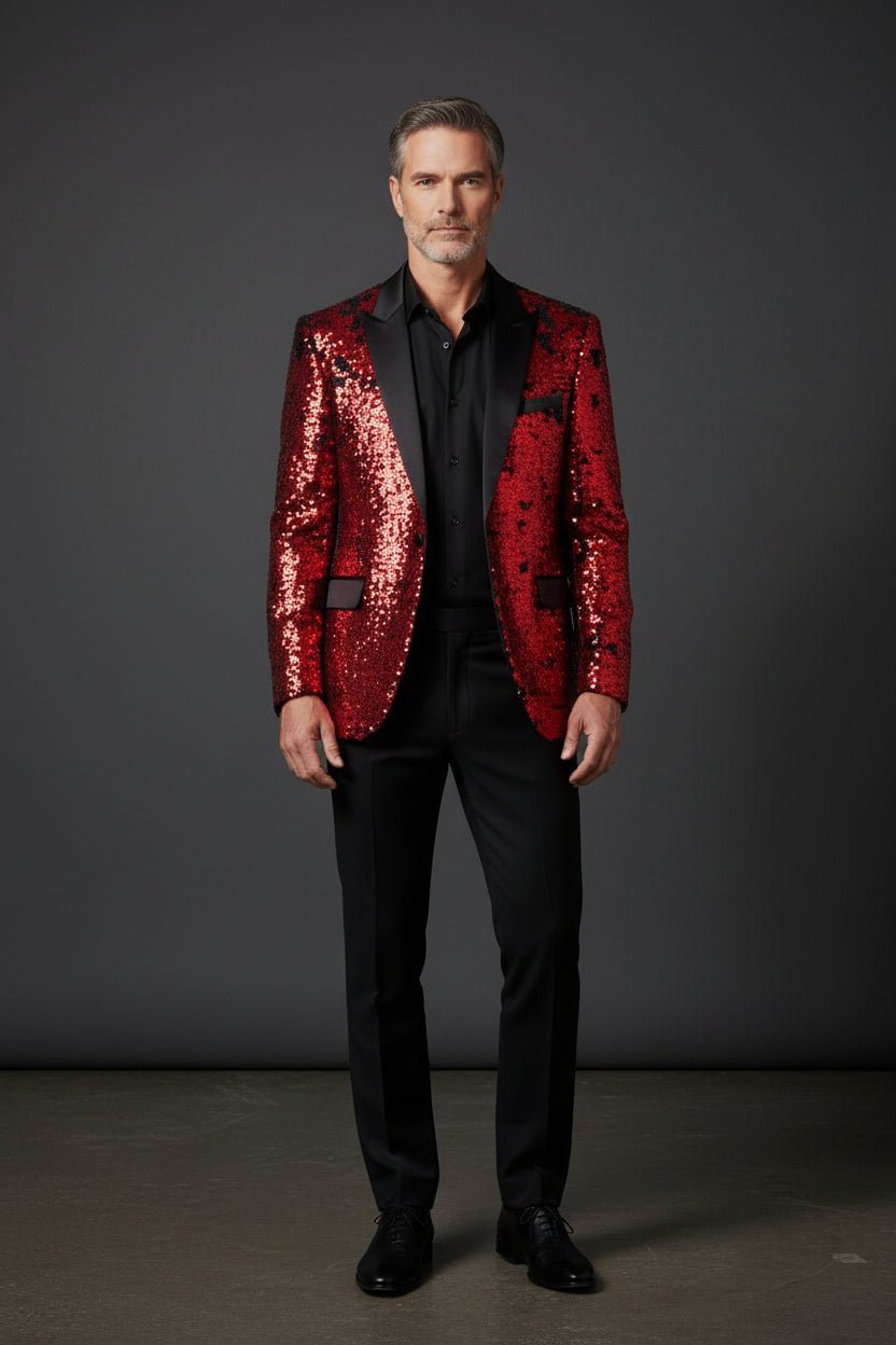 Sequin Tuxedo Jacket with Satin Lapels - Red Carpet Party Blazer