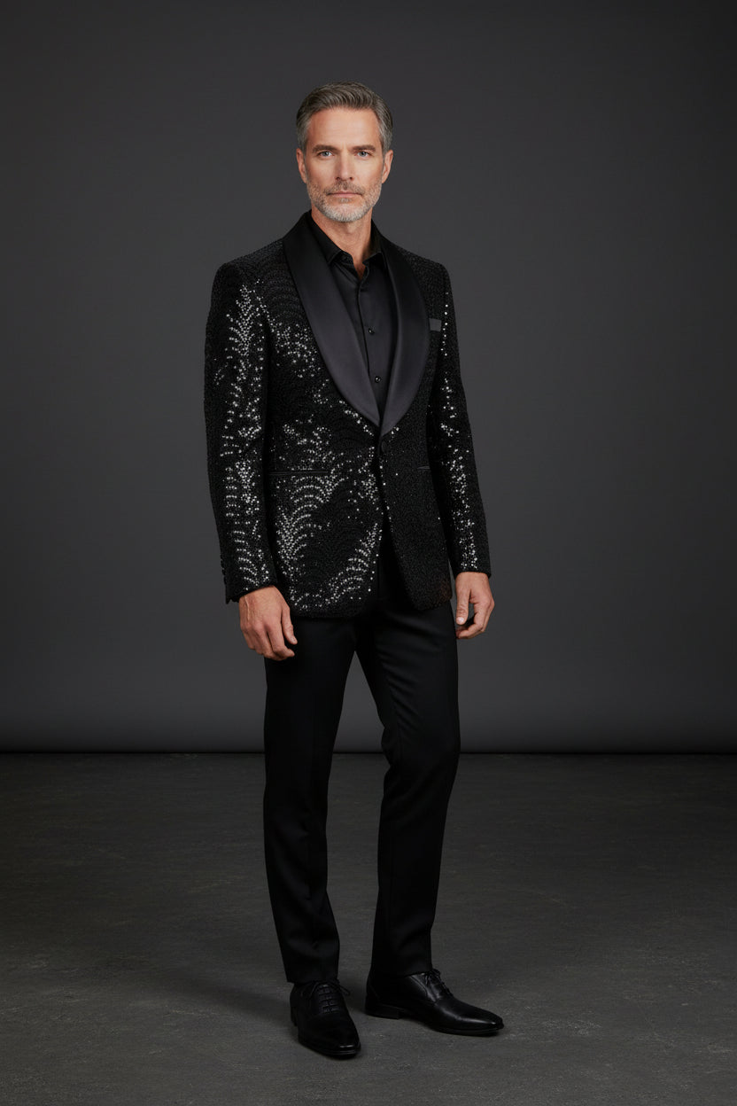 Men's Silver Sequin Blazer - Slim Fit Shawl Lapel Formal Jacket