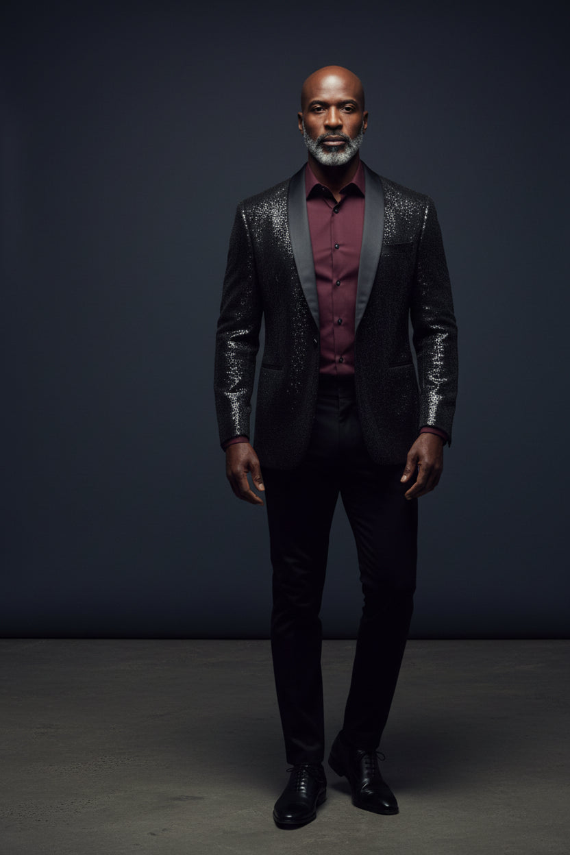 Black Shiny Disco Blazer with Satin Lapel - Premium Tuxedo Jacket