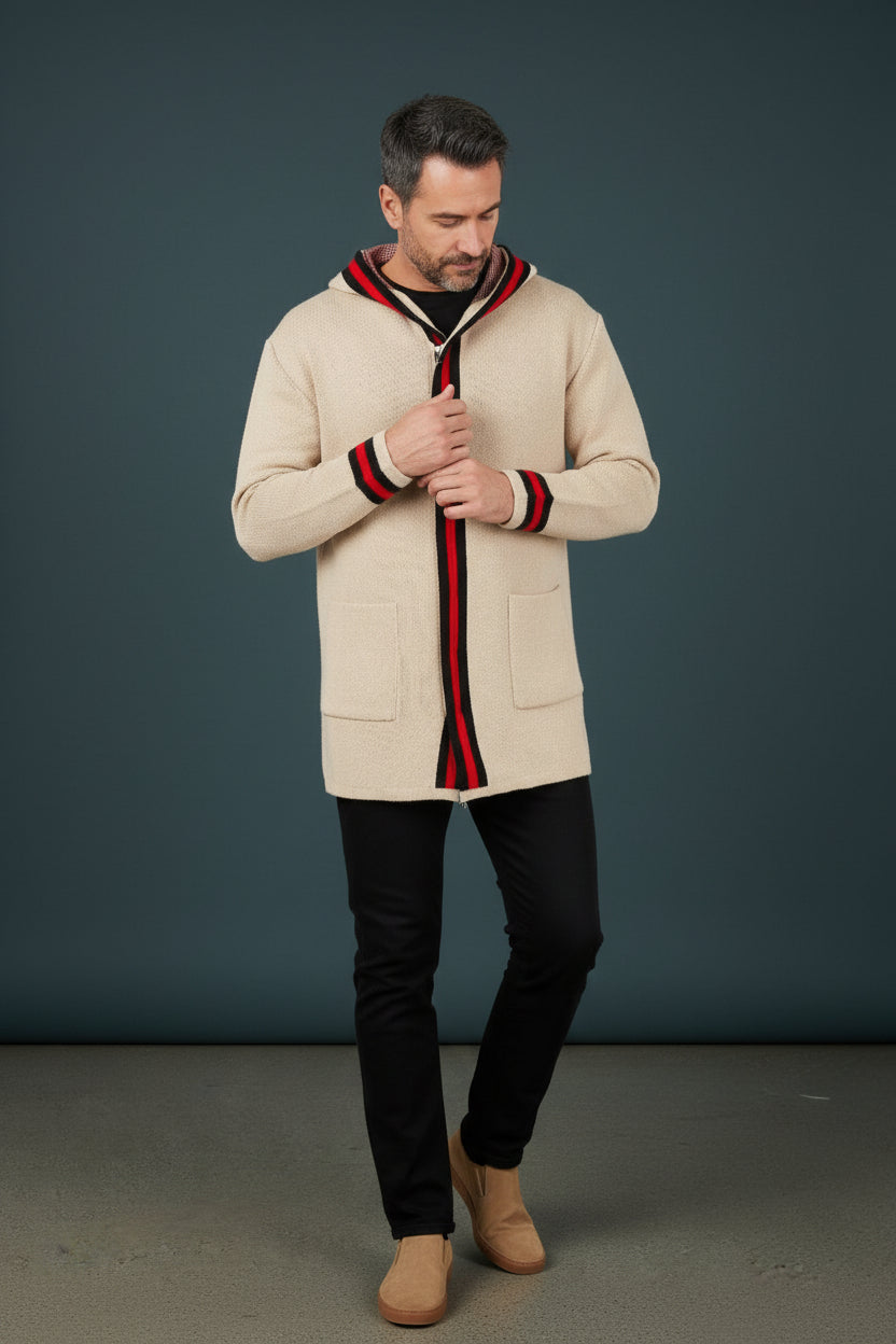 Cream Cardigan With Black and red Stripe