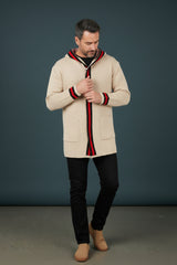 Cream Cardigan With Black and red Stripe