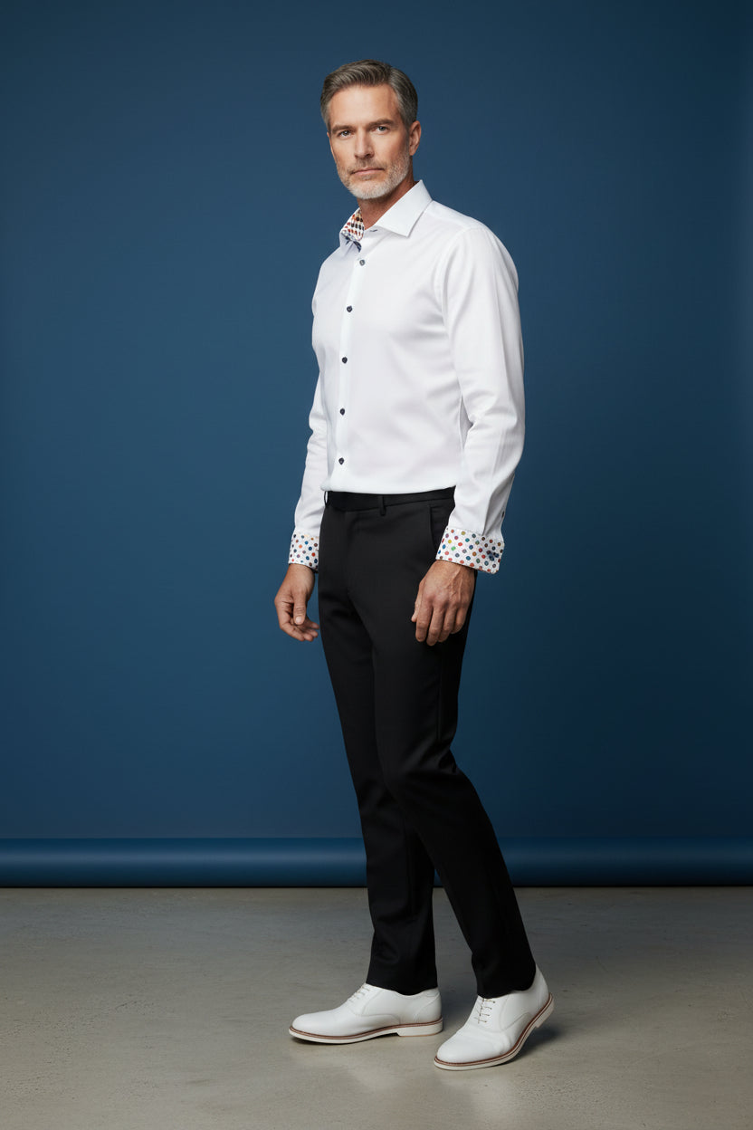 White Dress Shirt with Polka Dot Contrast Details