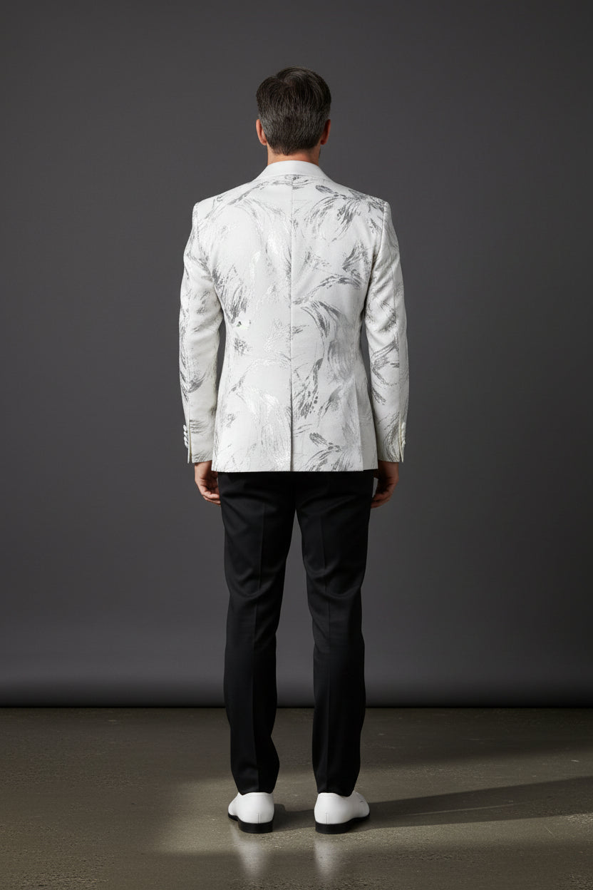 Vercini Monarch Brush Tuxedo Jacket - Black Shawl Lapel Blazer with Silver Abstract Design