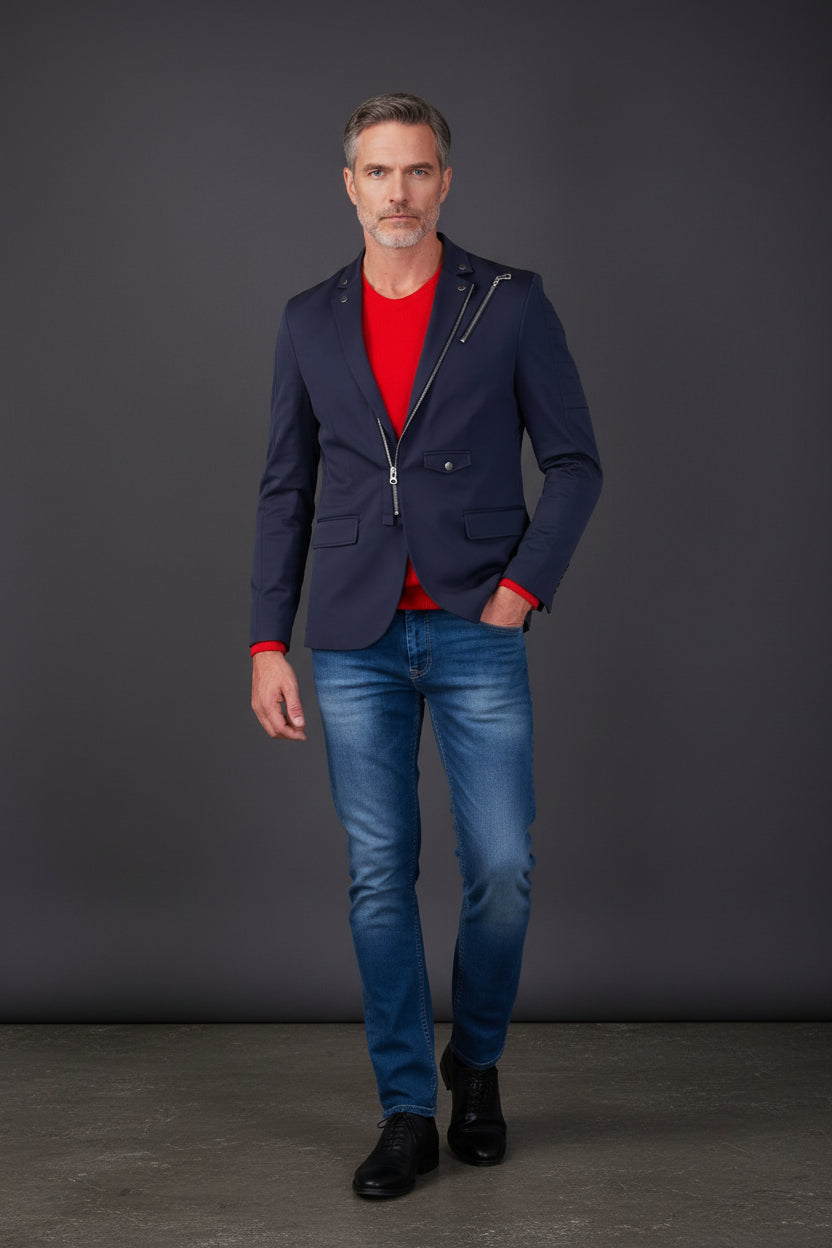 Tech Blazer with Zipper Front - Slim Fit Cotton Jacket