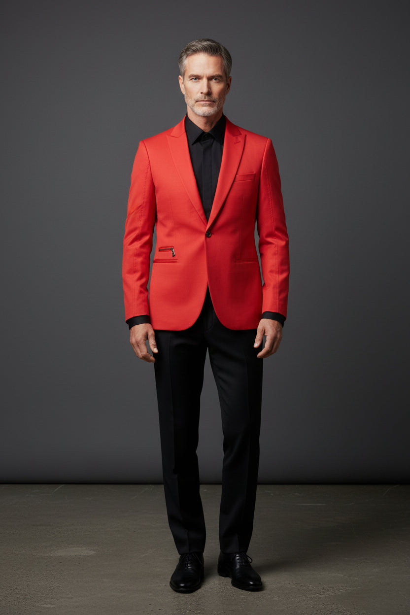 Red Metal Studded Blazer Jacket - Premium Statement Outerwear