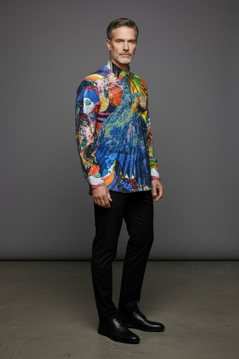Tropical Parrot Print Luxury Shirt - Vibrant Blue Multi-Color Statement Piece