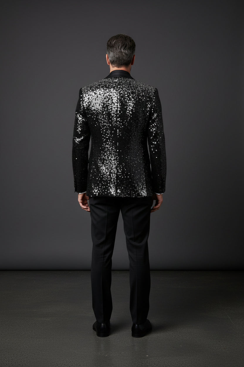 Sequin Tuxedo Jacket with Satin Lapels - Red Carpet Party Blazer