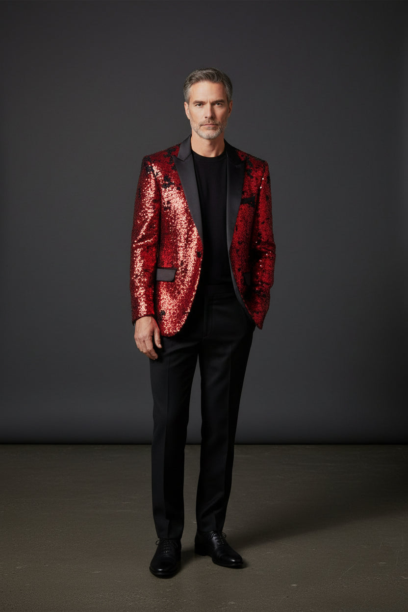 Sequin Tuxedo Jacket with Satin Lapels - Red Carpet Party Blazer