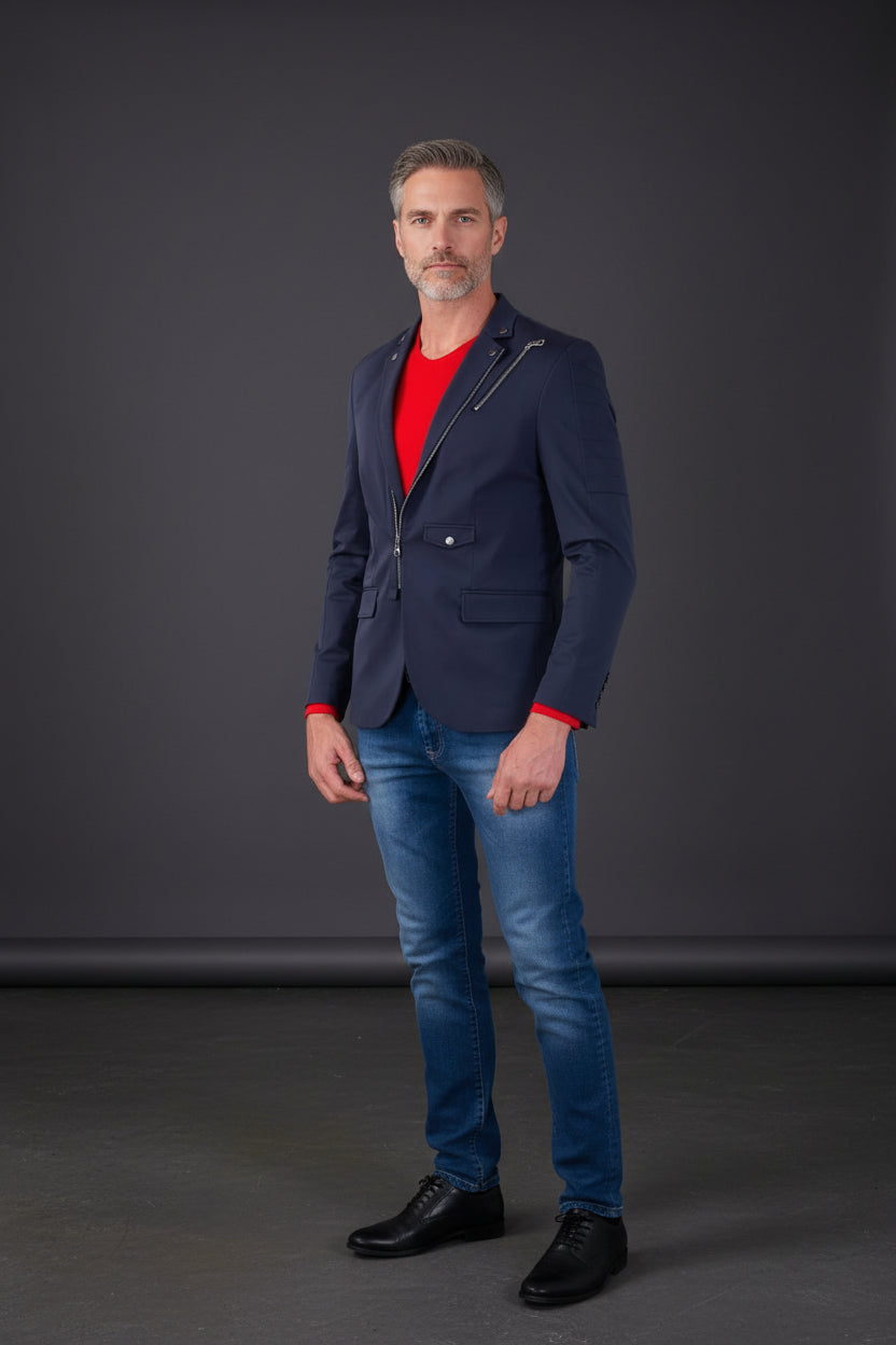 Tech Blazer with Zipper Front - Slim Fit Cotton Jacket