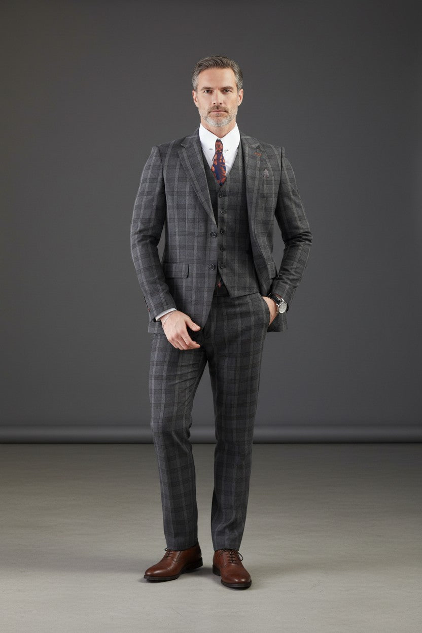 Vercini Charcoal Checkerboard Elegance Three-Piece Men's Suit