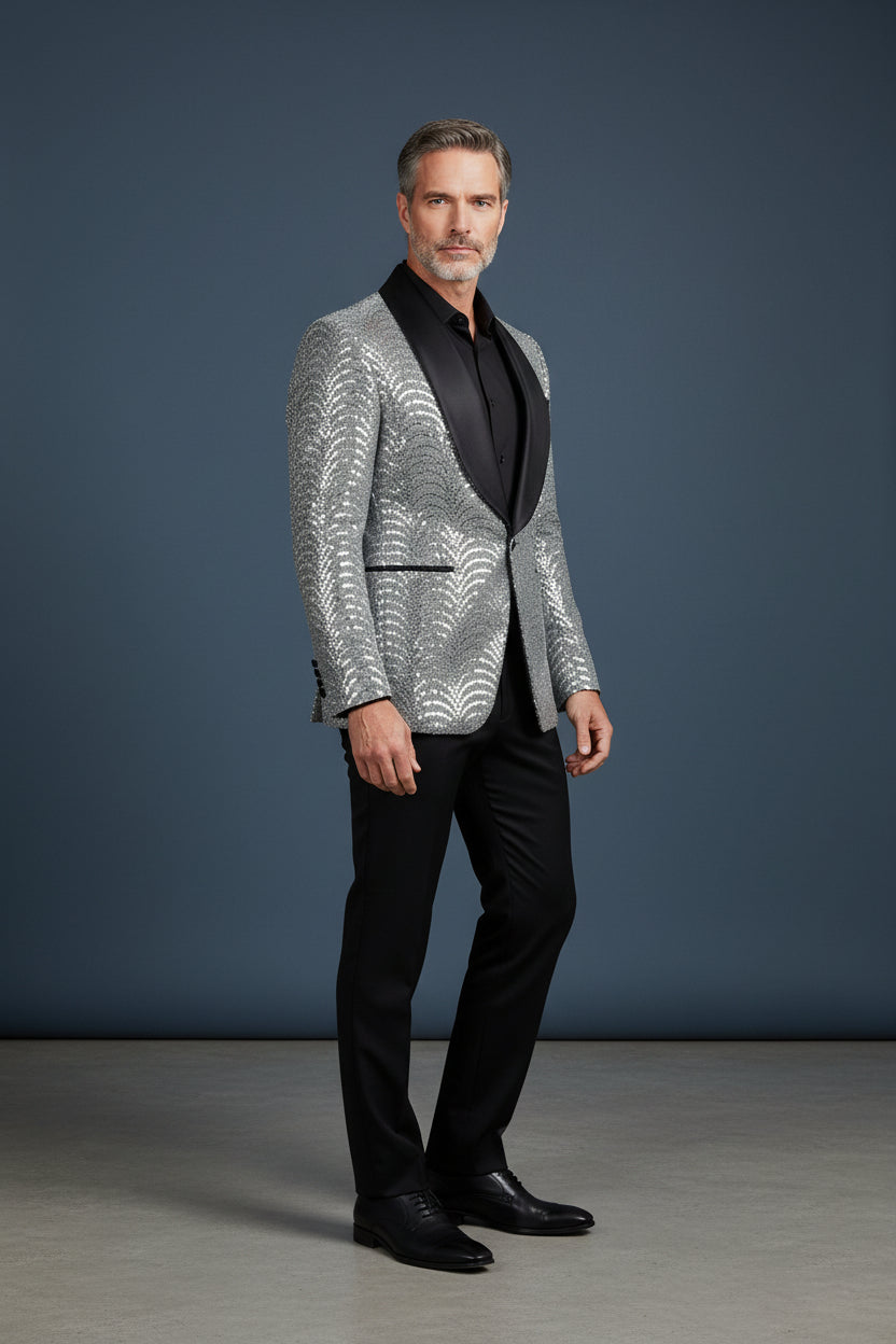 Men's Silver Sequin Blazer - Slim Fit Shawl Lapel Formal Jacket