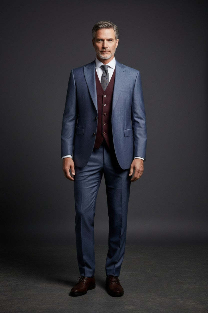 Vercini Men's Three-Piece Suit with Reversible Vest - Navy Blue