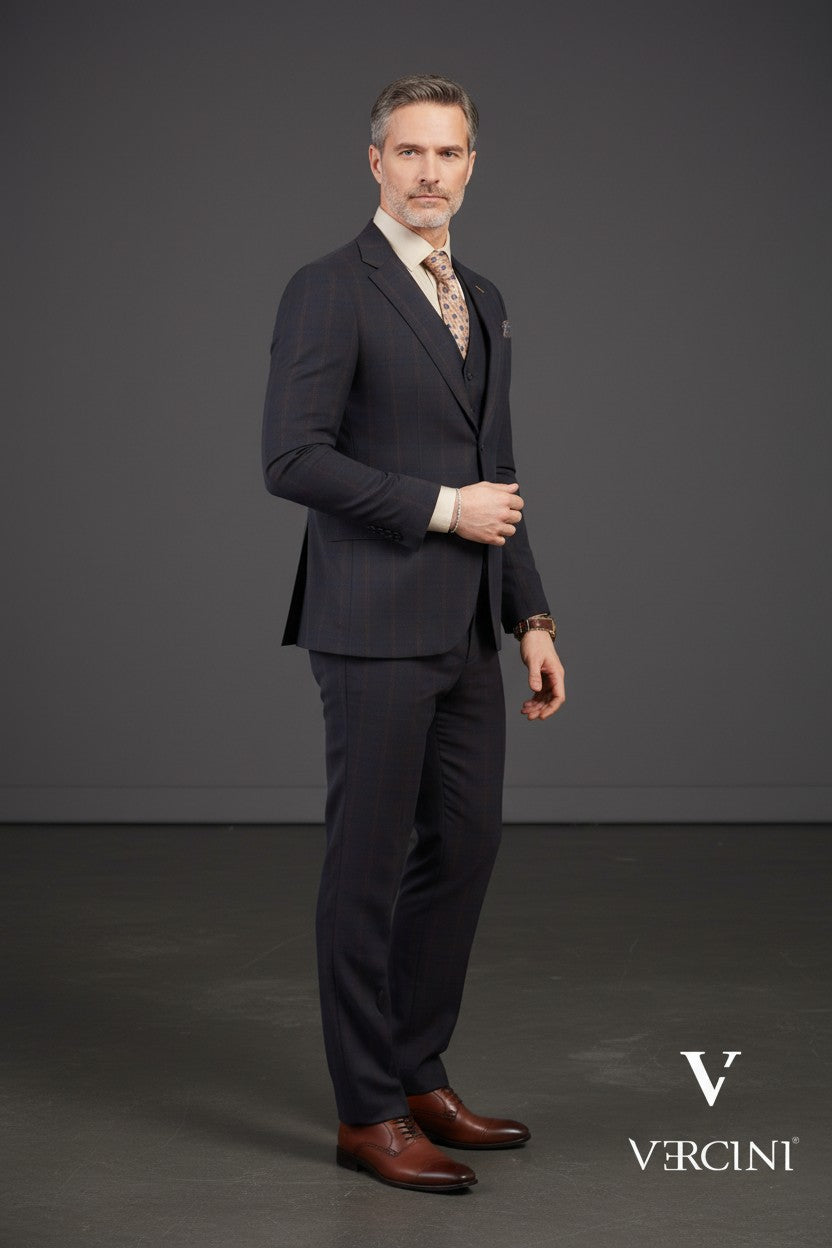 Vercini Metro Elegance Three-Piece Herringbone Suit - Light Gray