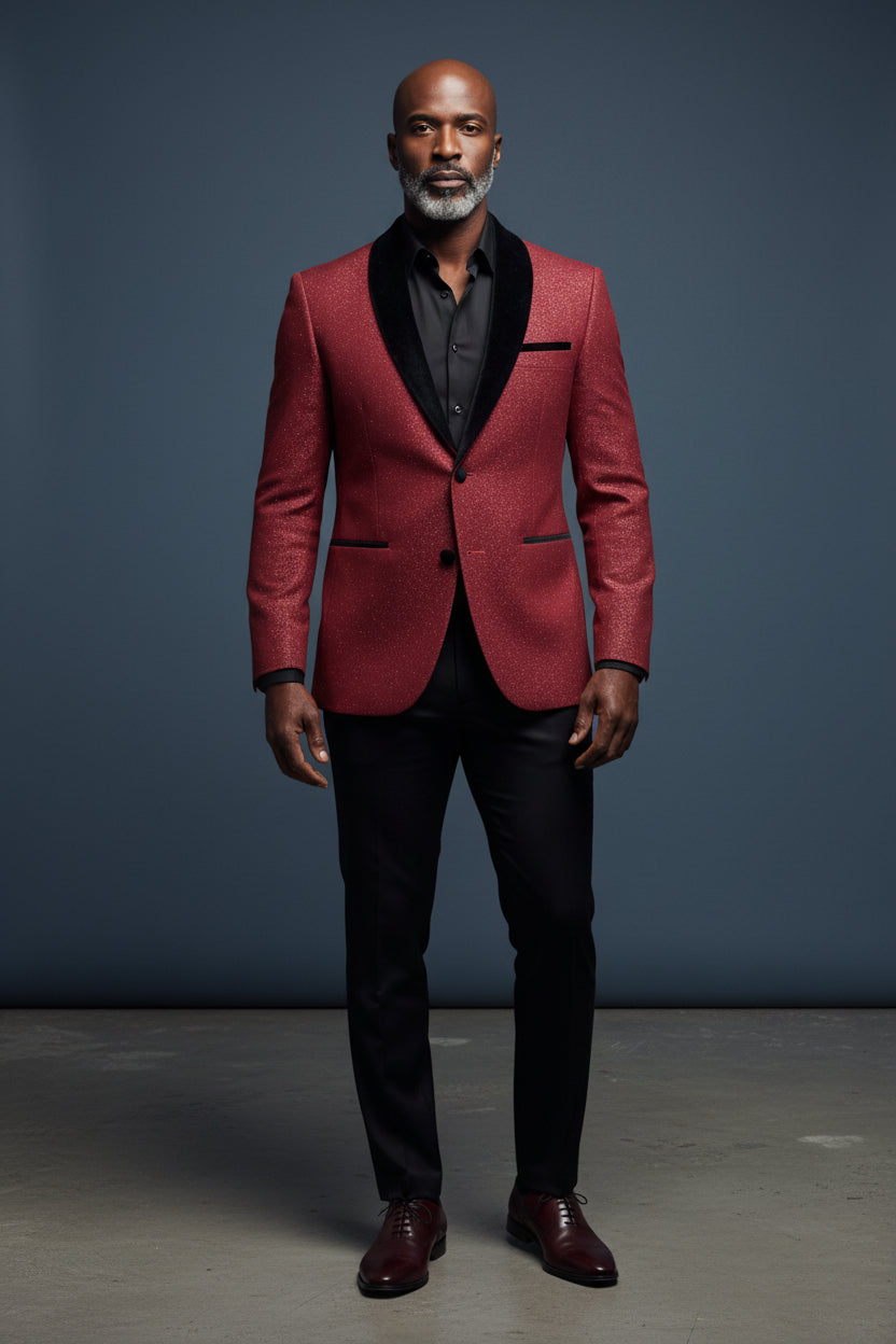 Opulent Red Velvet-Trim Tuxedo Blazer
