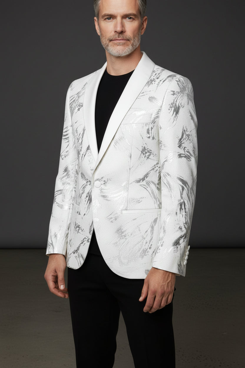 Vercini Monarch Brush Tuxedo Jacket - Black Shawl Lapel Blazer with Silver Abstract Design