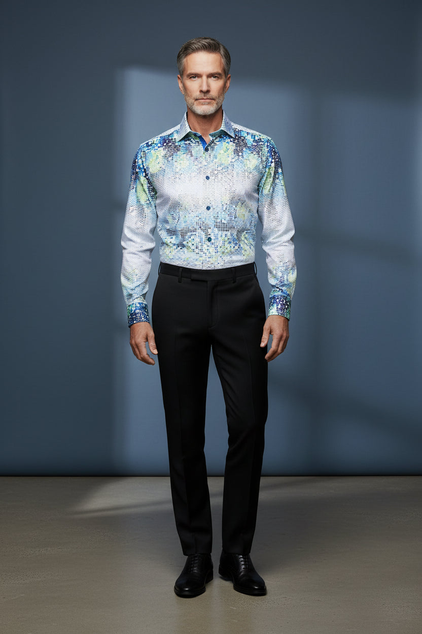 Vercini Mosaic Pixel Cotton Dress Shirt - Blue & Green Geometric Pattern