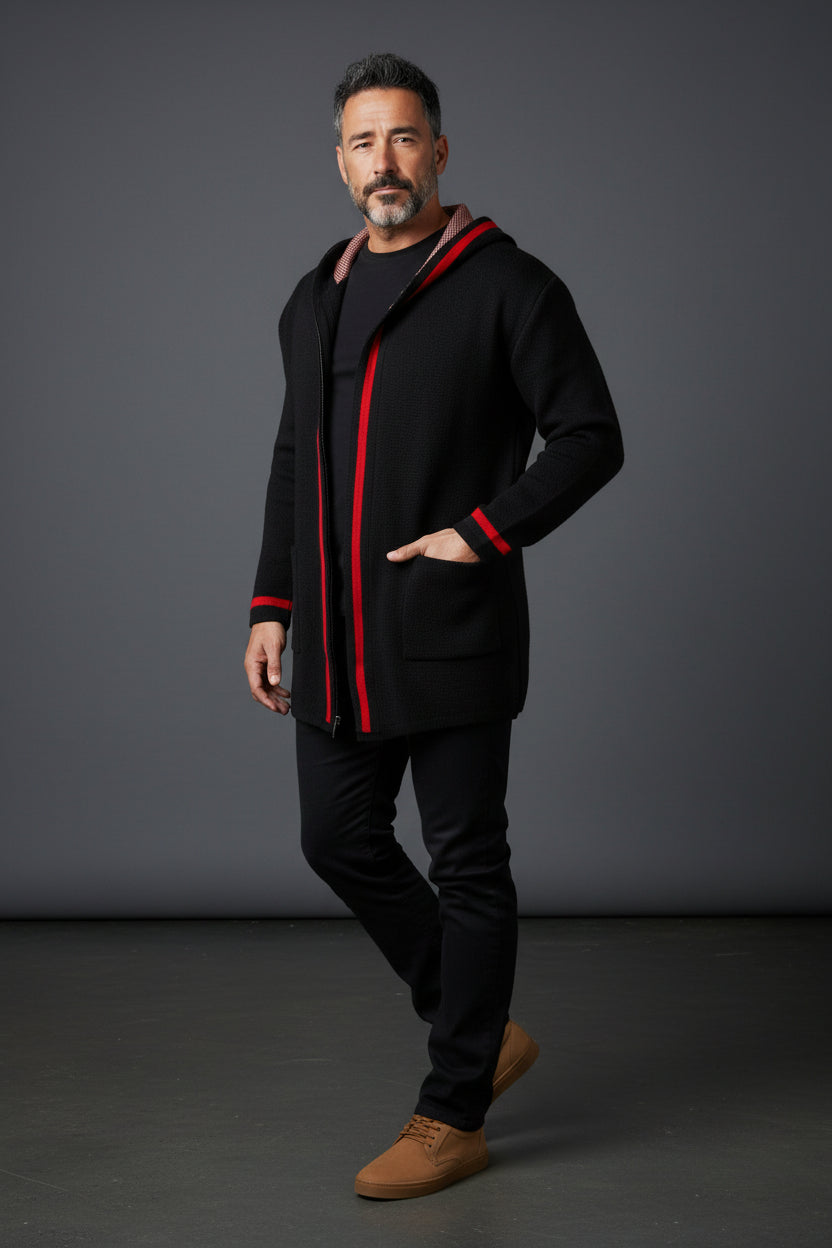 Cream Cardigan With Black and red Stripe