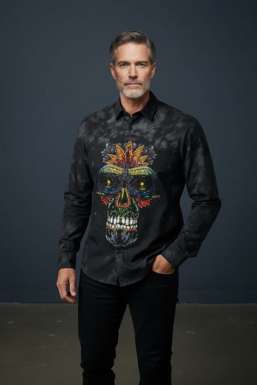 Vercini Black Skull Rhinestone Dress Shirt Artistic Multicolor Design