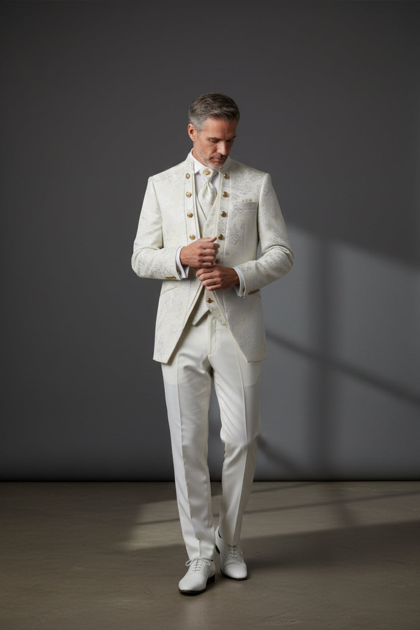 Ivory Floral Jacquard Tuxedo with Gold Accents