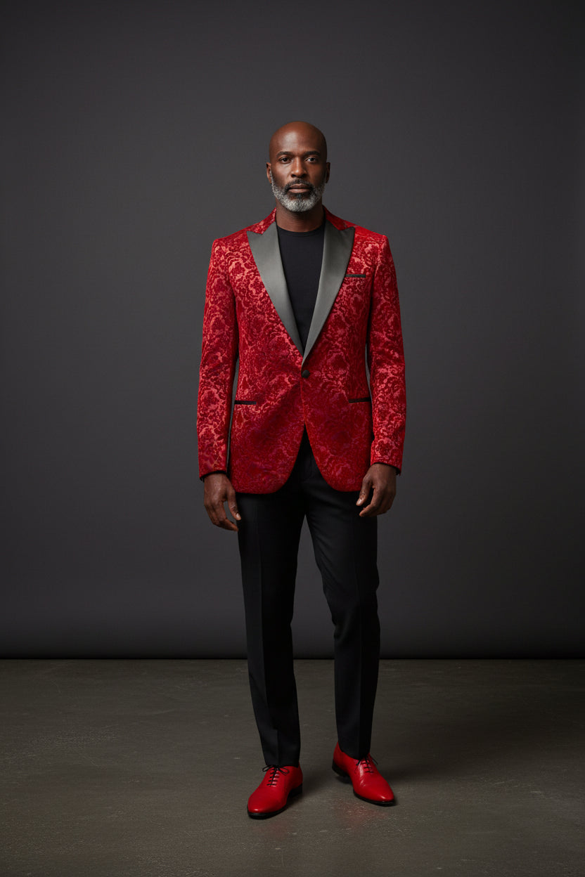 Vercini Men's Burgundy Velvet Floral Tuxedo Jacket