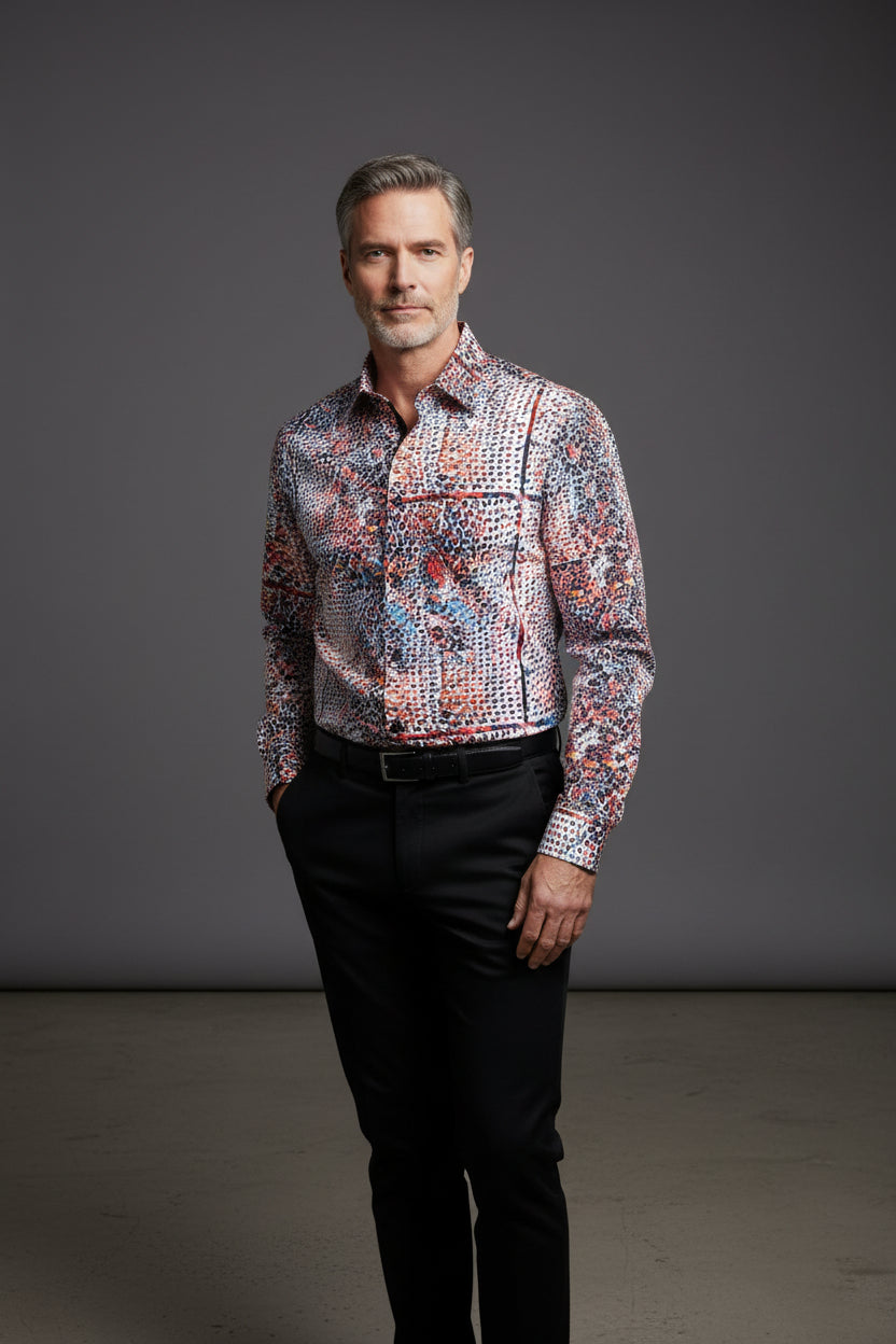 Vercini Men’s Vibrant Abstract Print Long Sleeve Dress Shirt – Designer Style