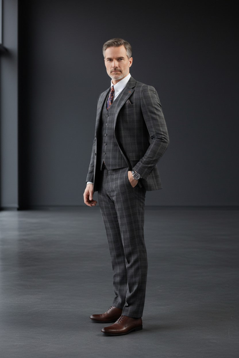 Vercini Charcoal Checkerboard Elegance Three-Piece Men's Suit