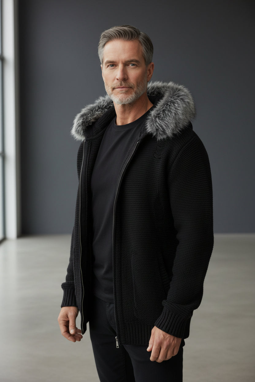 Fur-Trimmed Hooded Long Cardigan