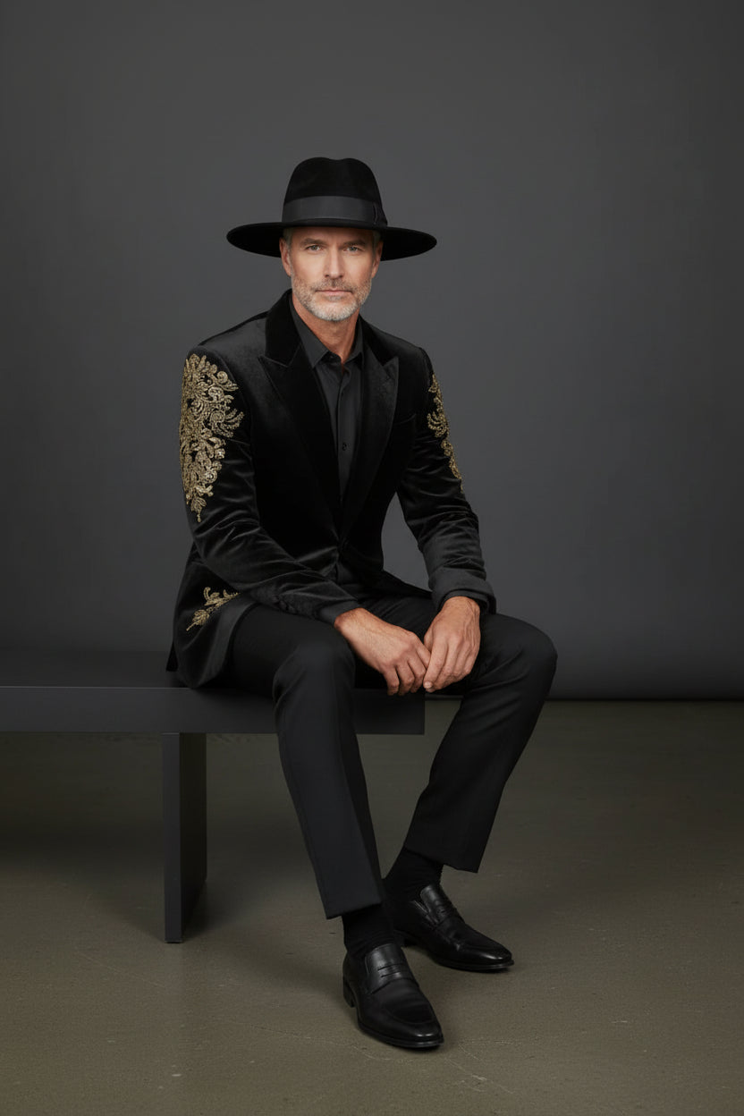 Black Velvet Blazer with Gold Accents - Luxury Evening Jacket