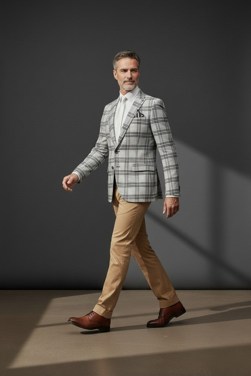Men's Cream Plaid Suit with Bow Tie - Classic Tailored Blazer Set
